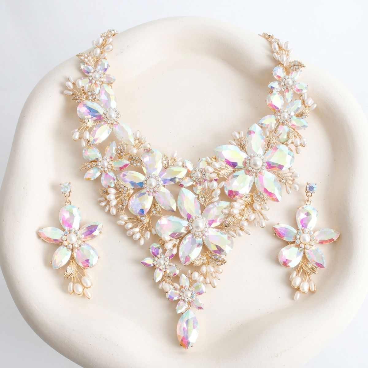 Gold Aurbo Glass Flower Crystal Large Bib Necklace