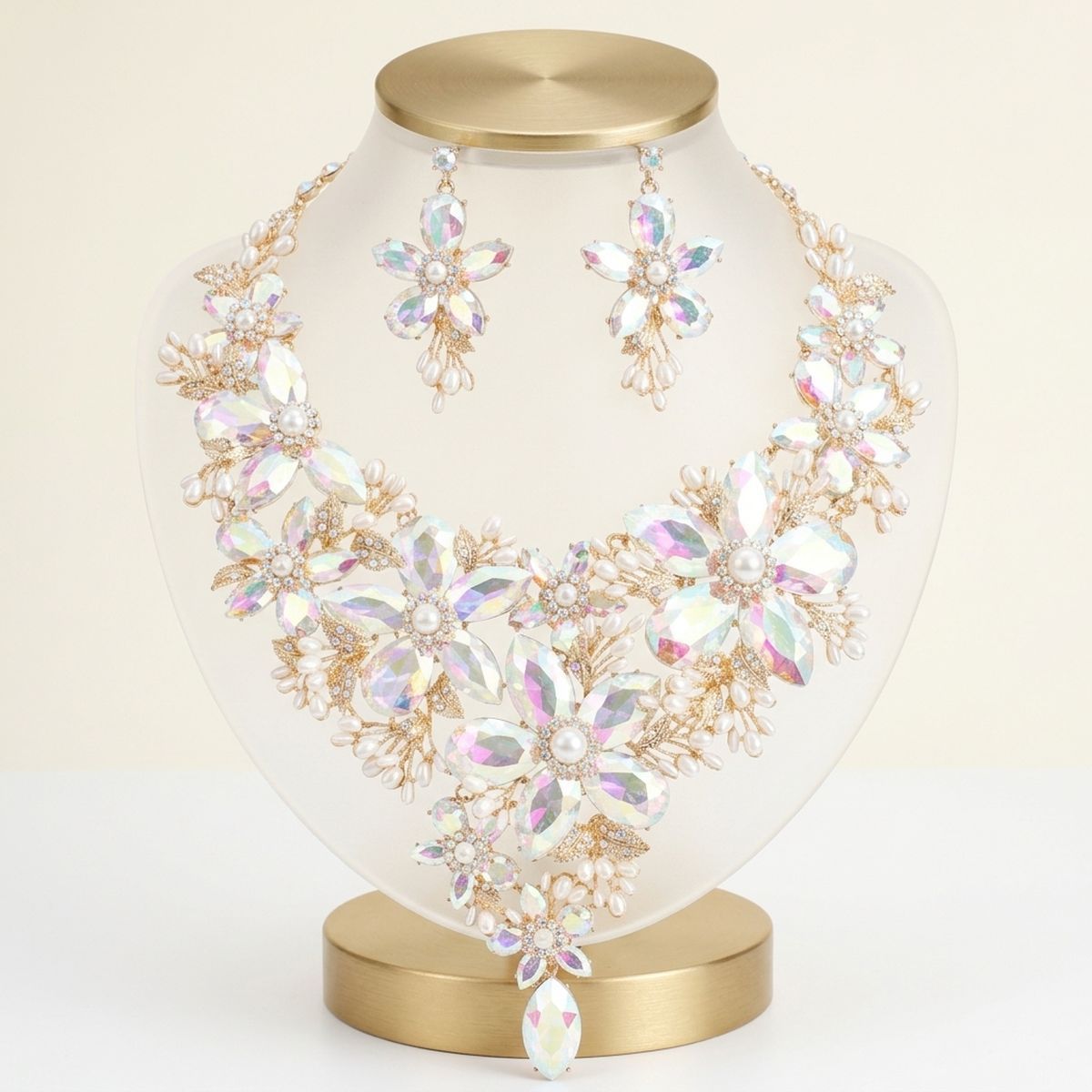 Gold Aurbo Glass Flower Crystal Large Bib Necklace