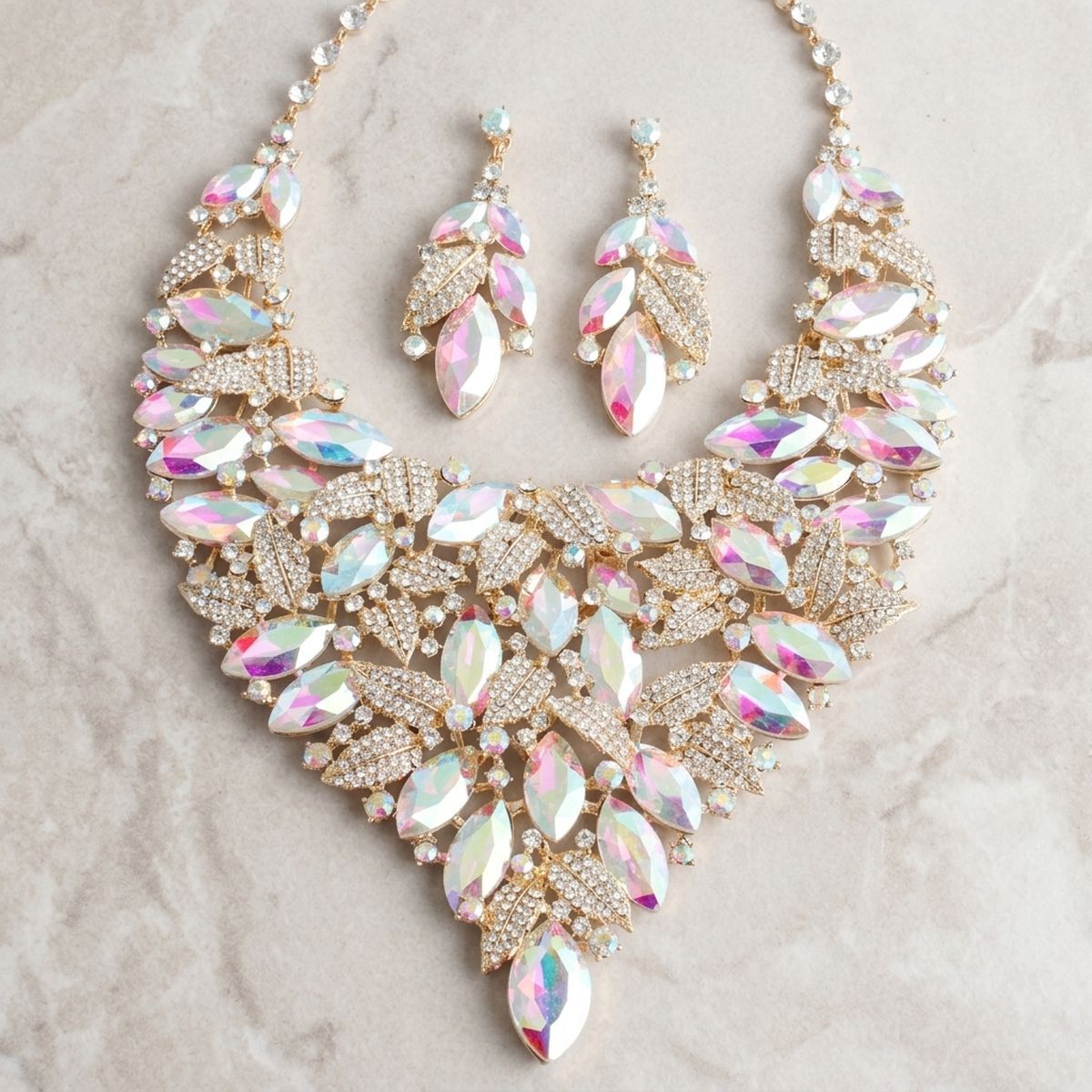 Gold Aurbo Glass Marquis Crystal Leaf Bib Necklace