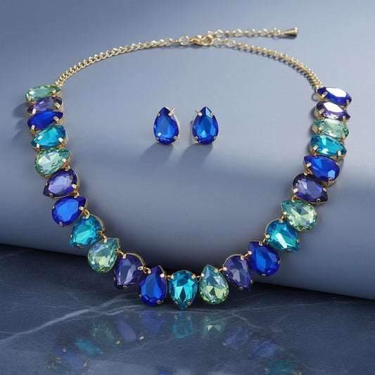 Ocean Teardrop Crystals Gemstone Collar Necklace