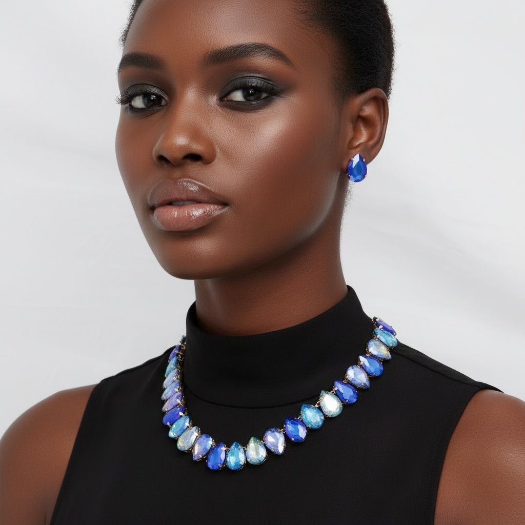 Ocean Teardrop Crystals Gemstone Collar Necklace