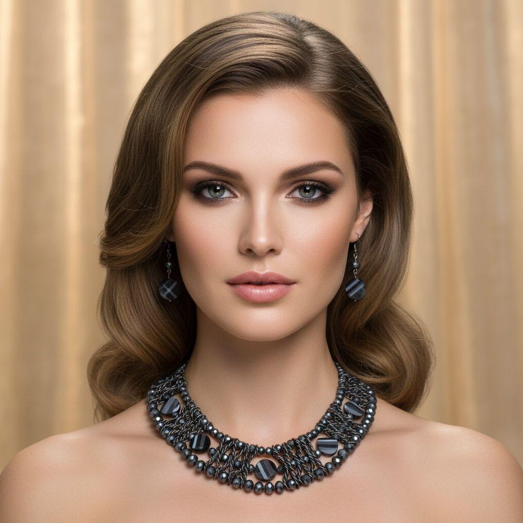 Navy Metallic Bead Woven Collar Bib Necklace