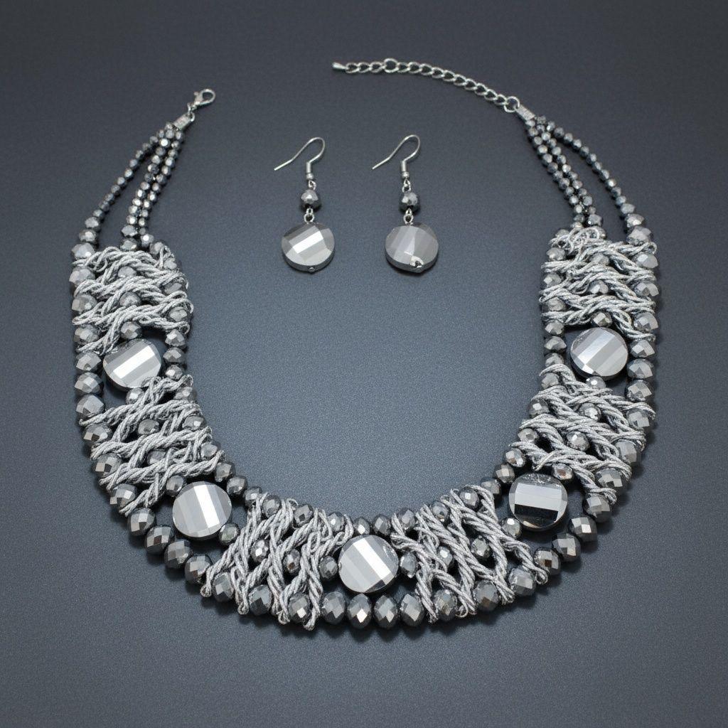 Silver Metallic Bead Woven Collar Bib Necklace