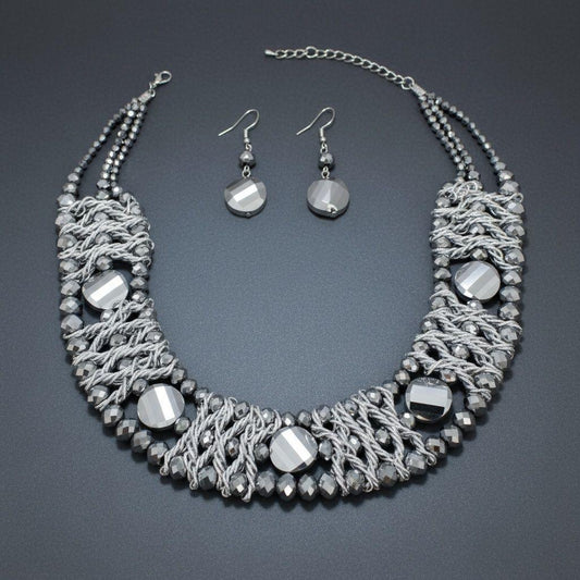 Silver Metallic Bead Woven Collar Bib Necklace