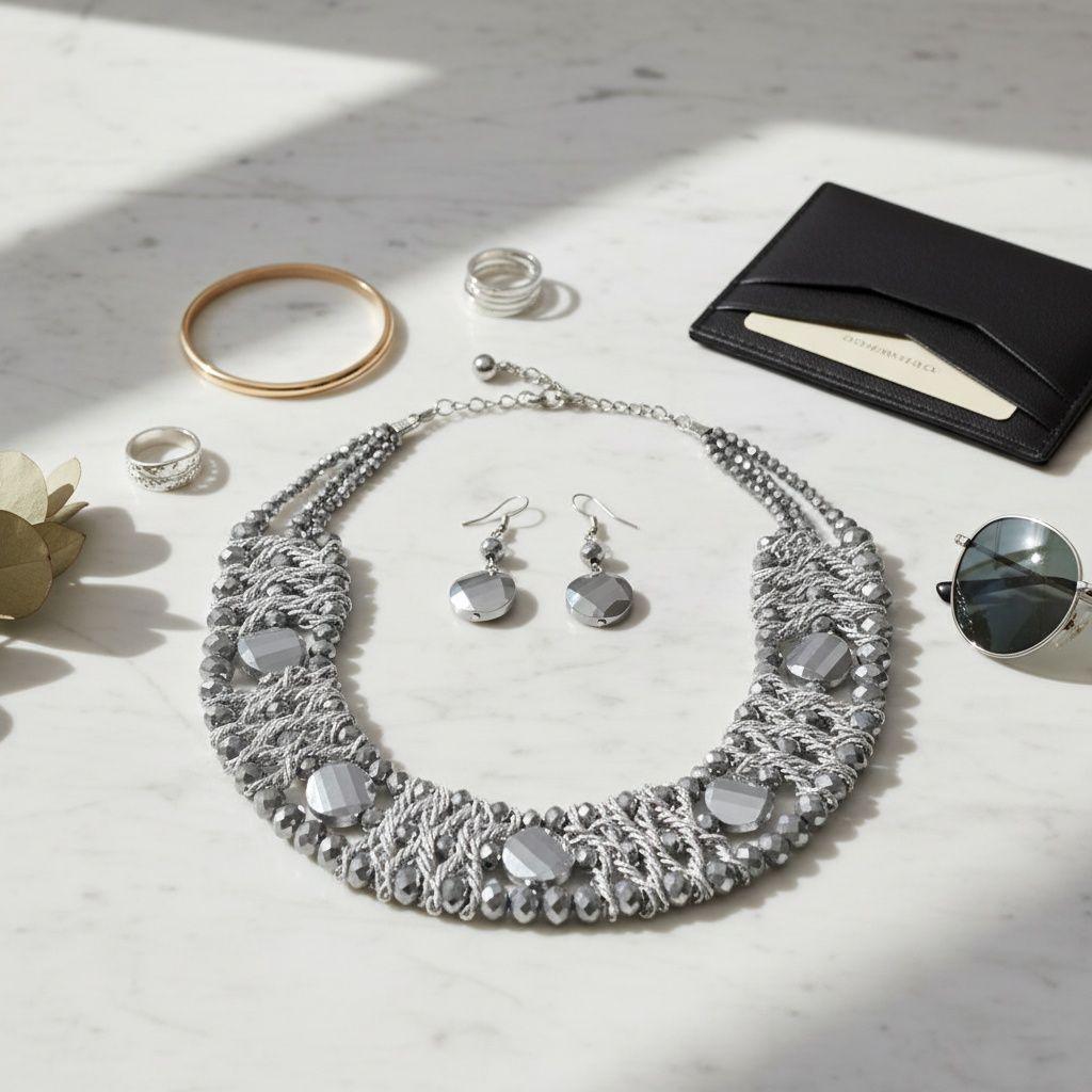 Silver Metallic Bead Woven Collar Bib Necklace