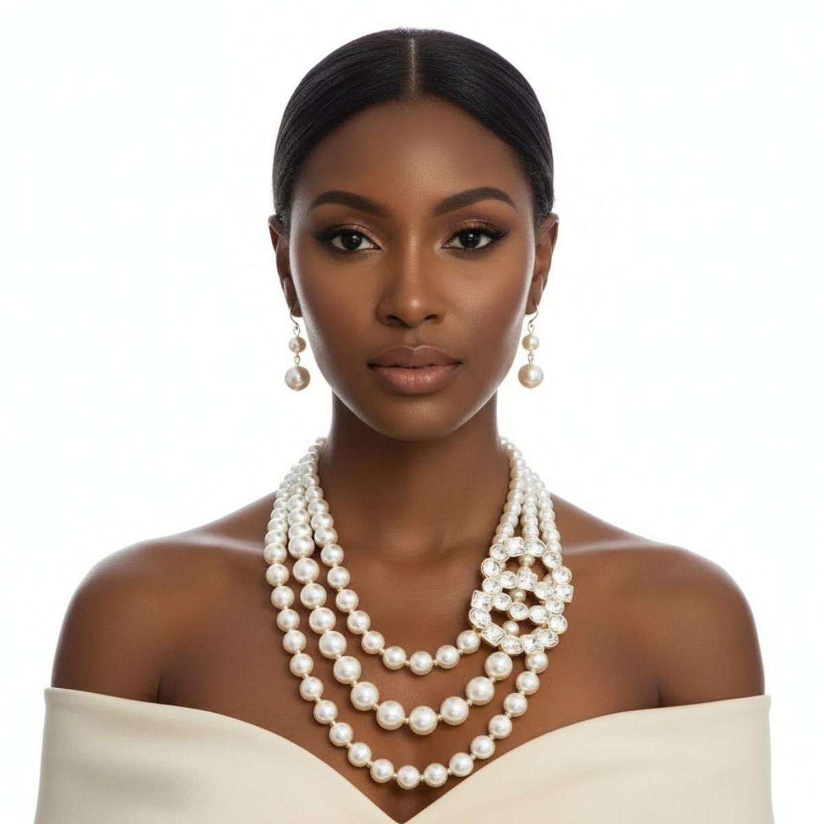 Timeless Opulence: Cream Pearl Layered Necklace Set with Crystal Infinity Ring