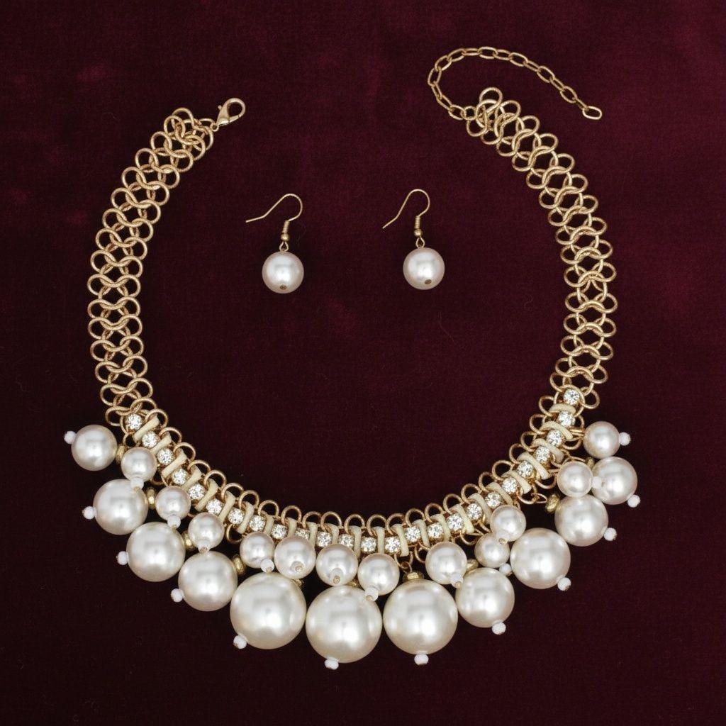 Clustered Cream Pearl Woven Cable Chain Necklace