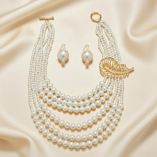 Cream Pearl Detachable Feather Brooch Necklace