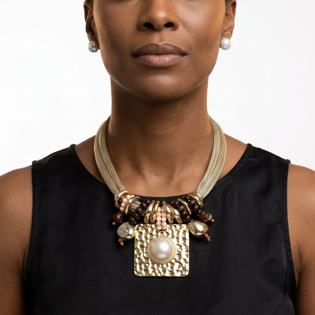Square Pendant Gold Mesh Chain Wood Necklace