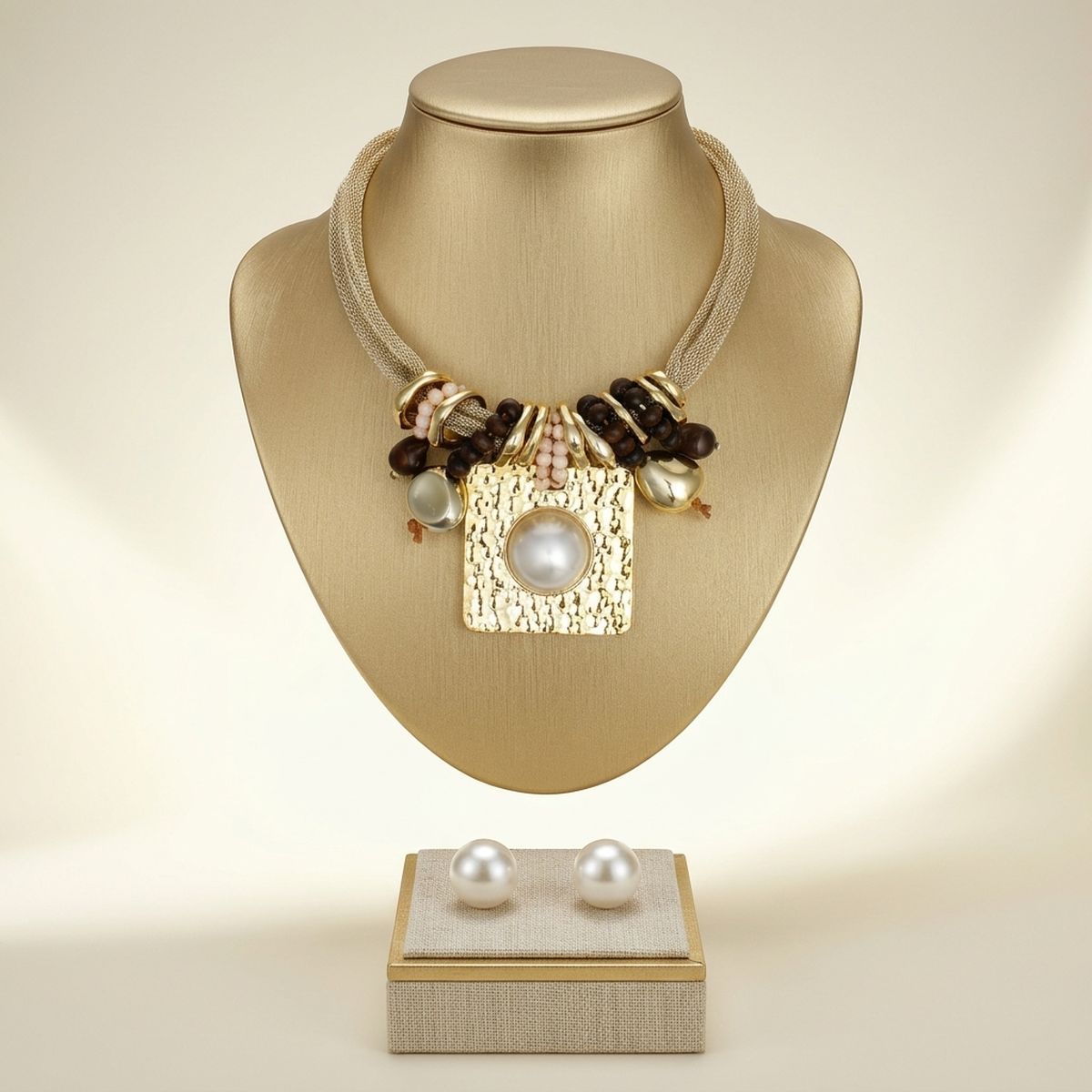 Square Pendant Gold Mesh Chain Wood Necklace
