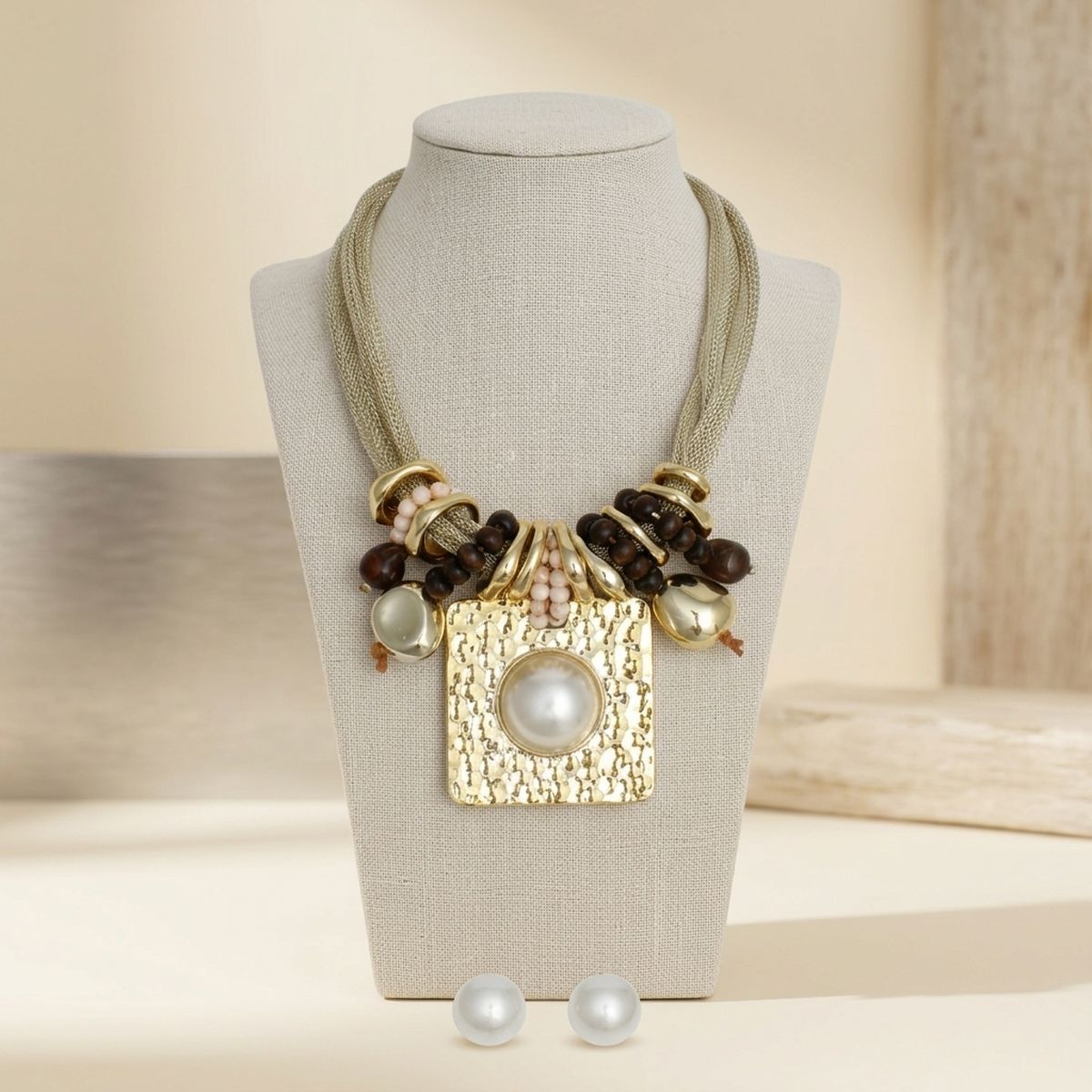 Square Pendant Gold Mesh Chain Wood Necklace