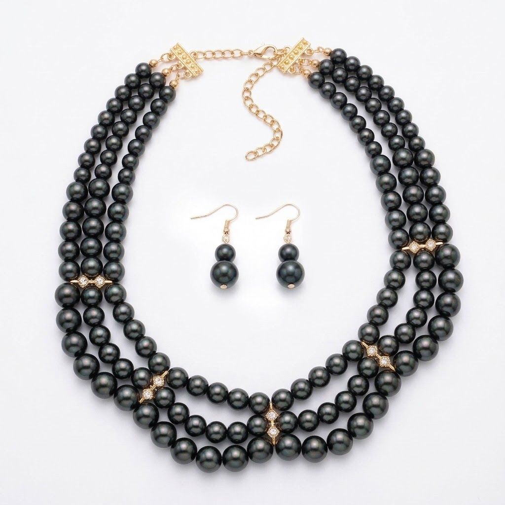 Triple-Strand Black Pearl Necklace Set