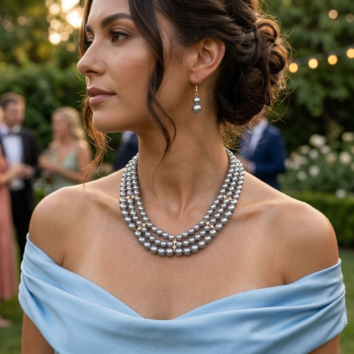 3-Strand Gray Pearl Layered Necklace Set