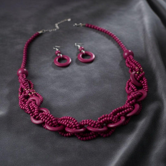 Long Fuchsia Wood Bead Earthy Energy Necklace