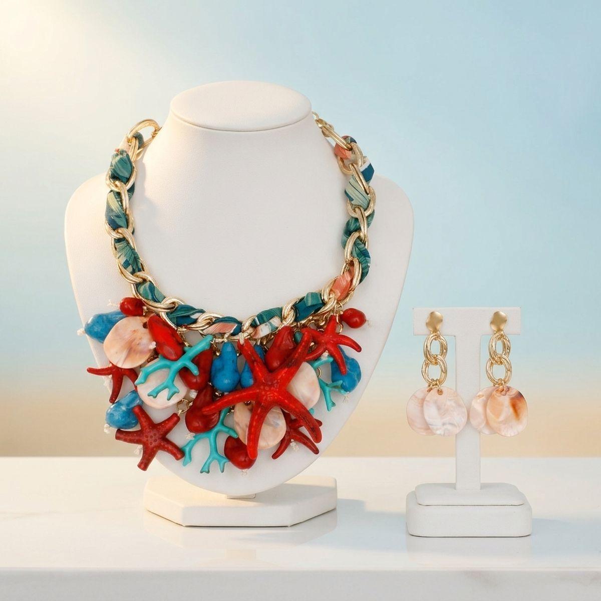 Red Coral and Starfish Bib Seaside Gold Necklace