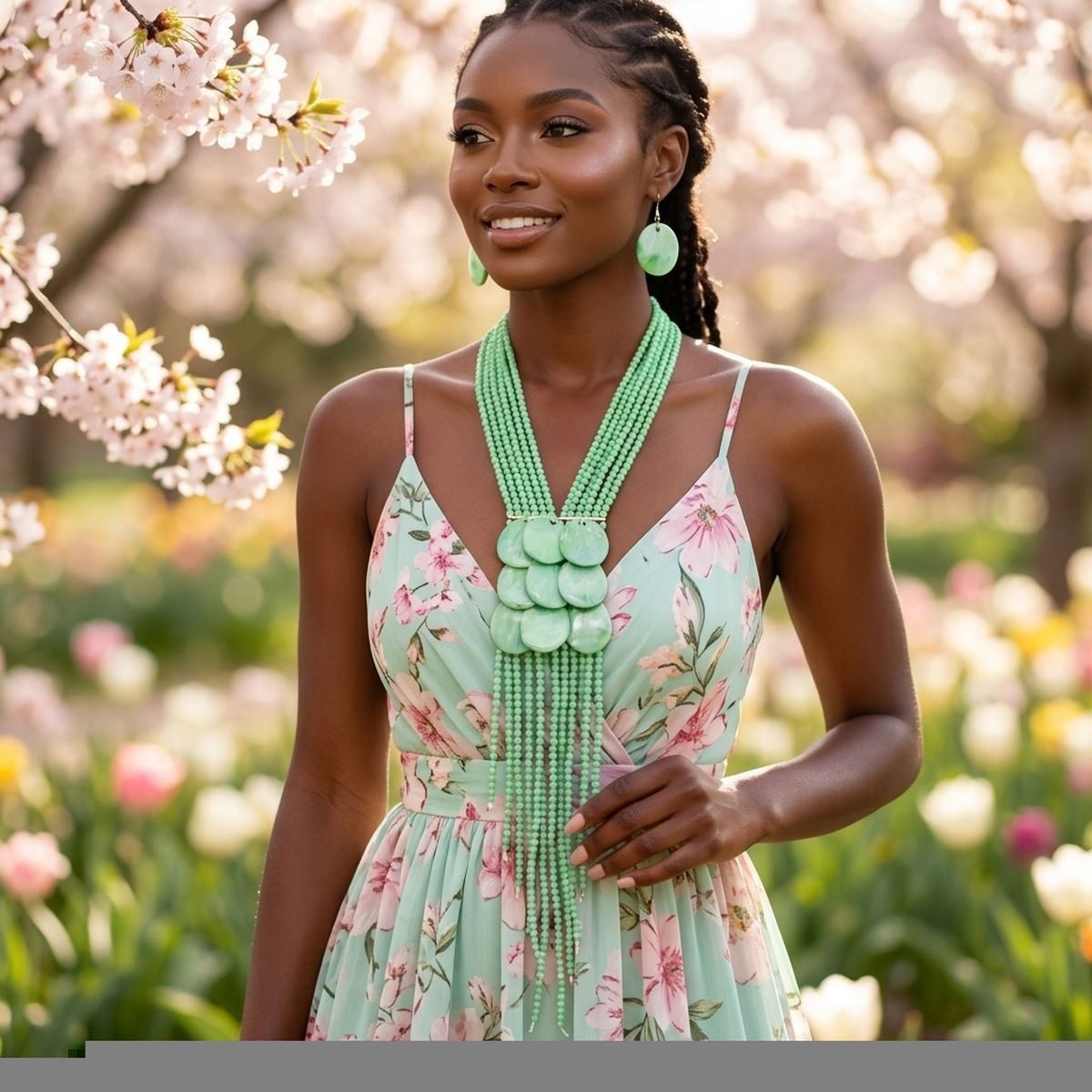 Marbled Green Bead Multi Strand Tassel Necklace
