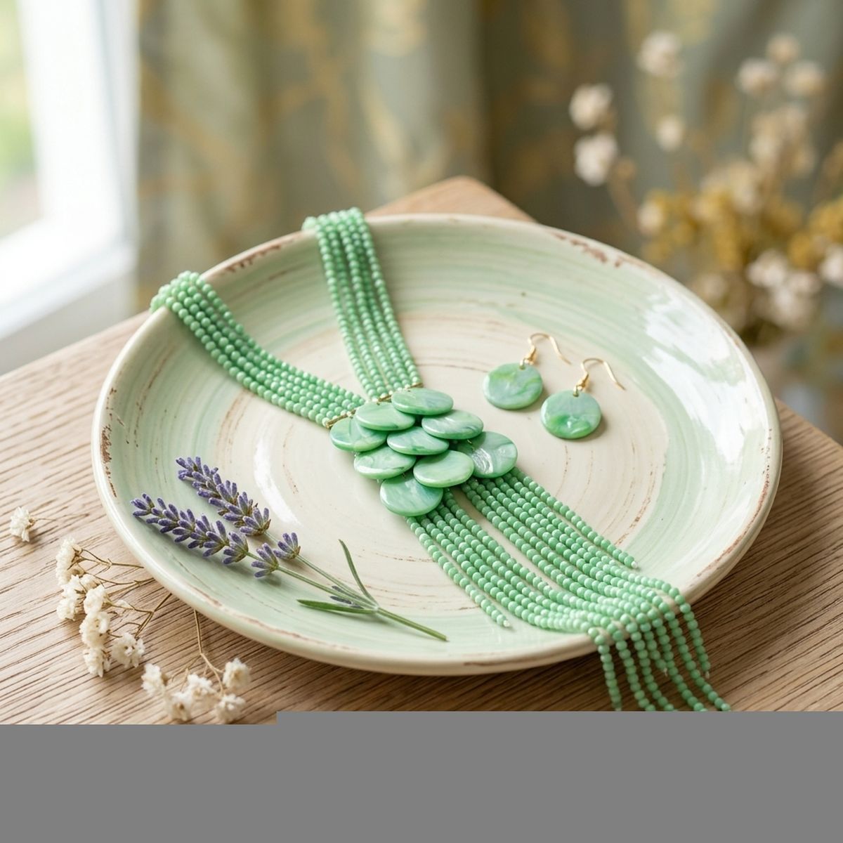 Marbled Green Bead Multi Strand Tassel Necklace