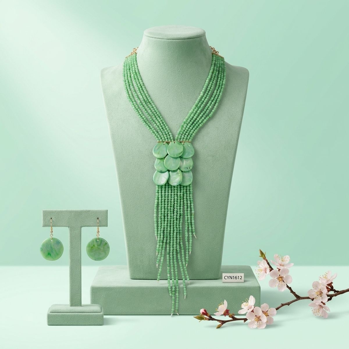 Marbled Green Bead Multi Strand Tassel Necklace