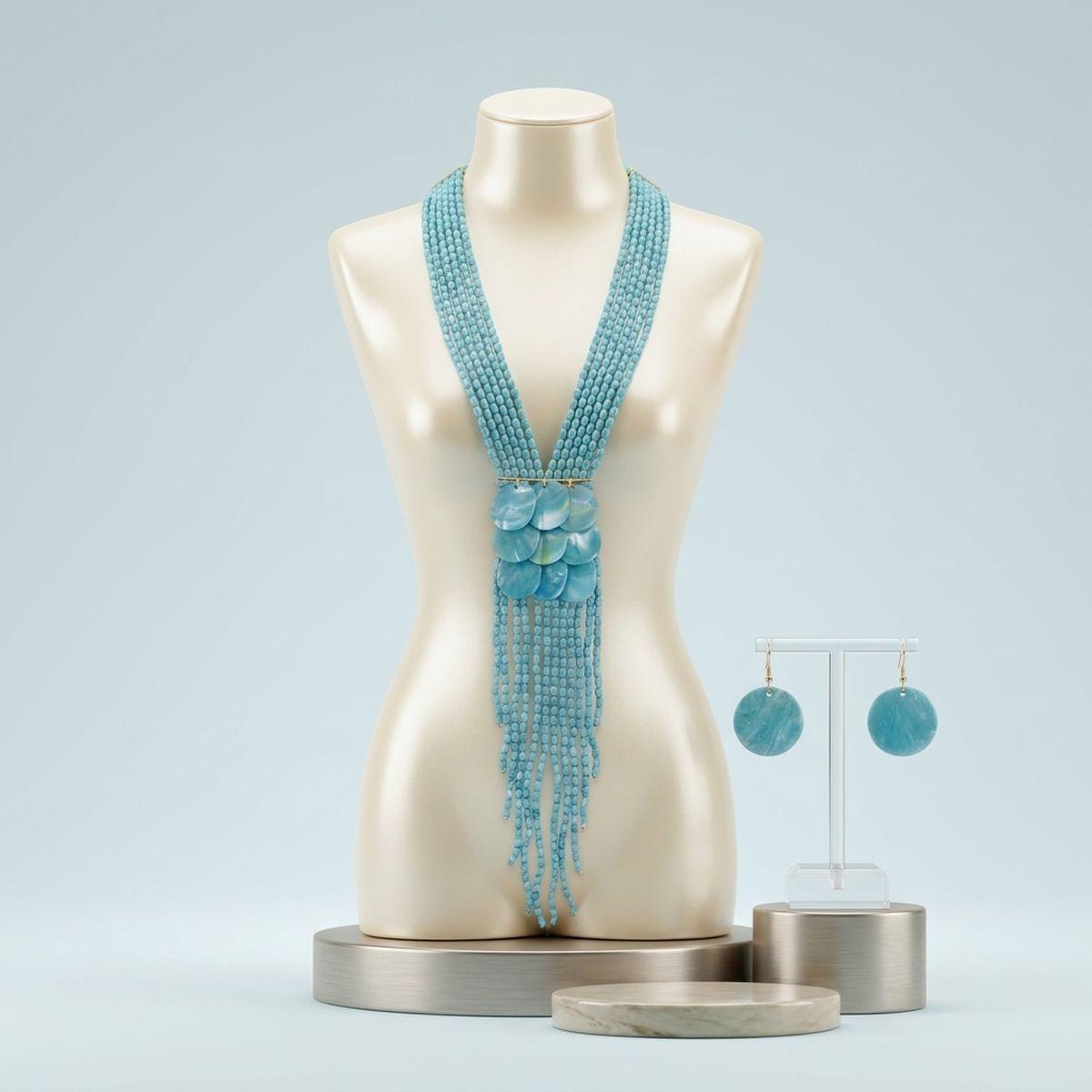Marble Turquoise Bead Multi Strand Tassel Necklace