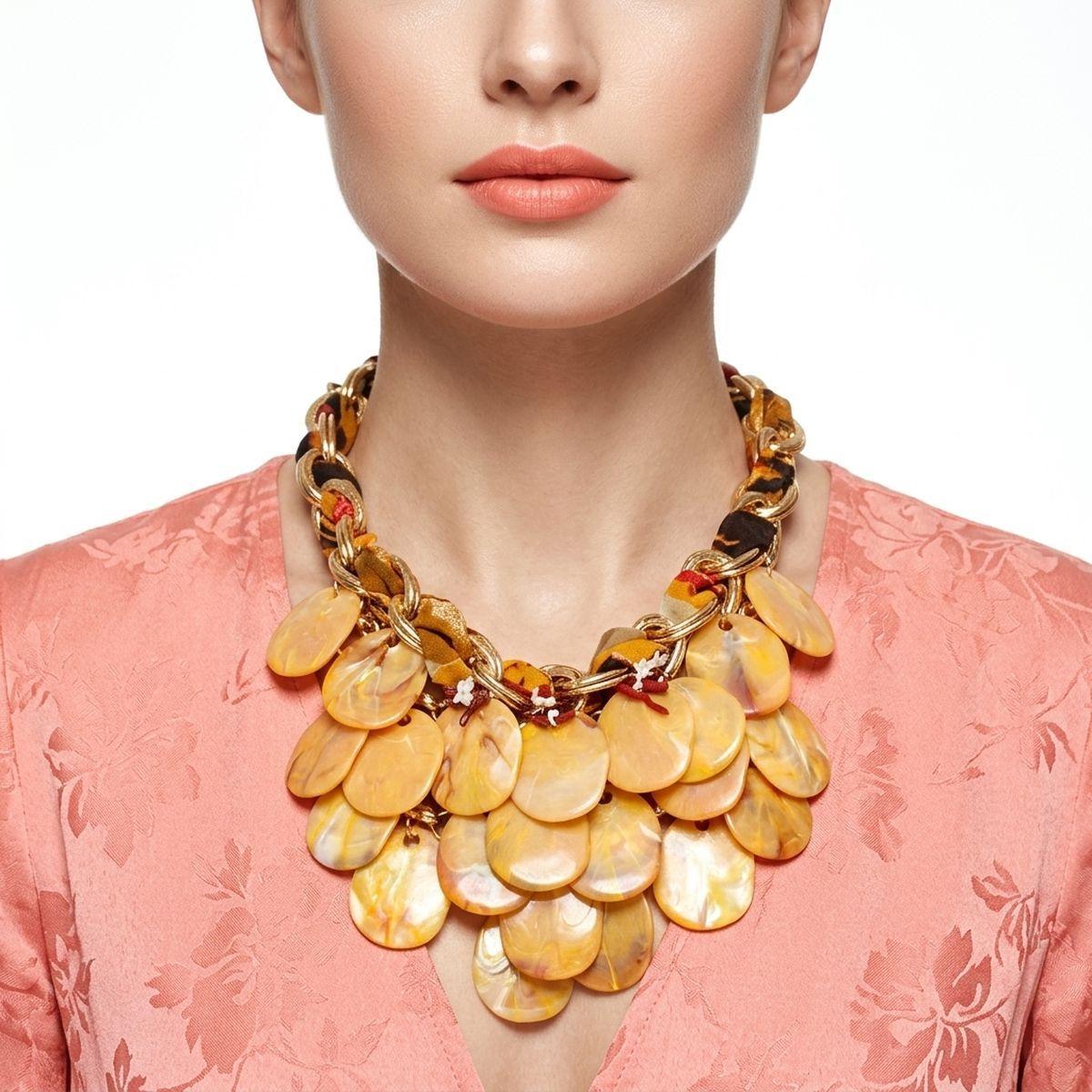 Marble Mustard Disc Bib Fabric Woven Chain Necklace
