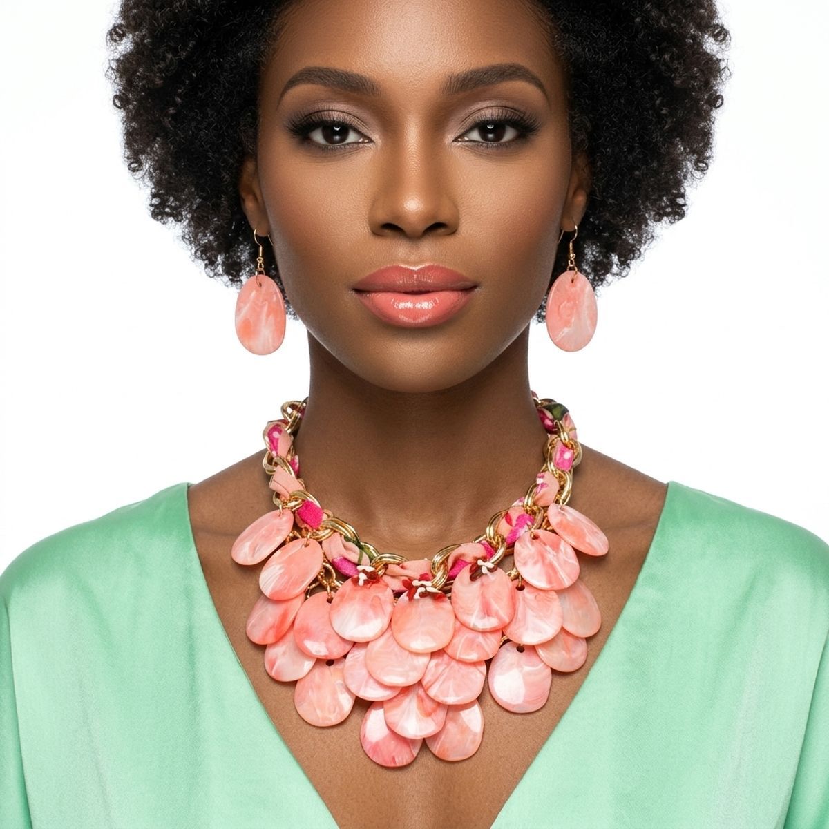 Marbled Pink Disc Bib Fabric Woven Chain Necklace