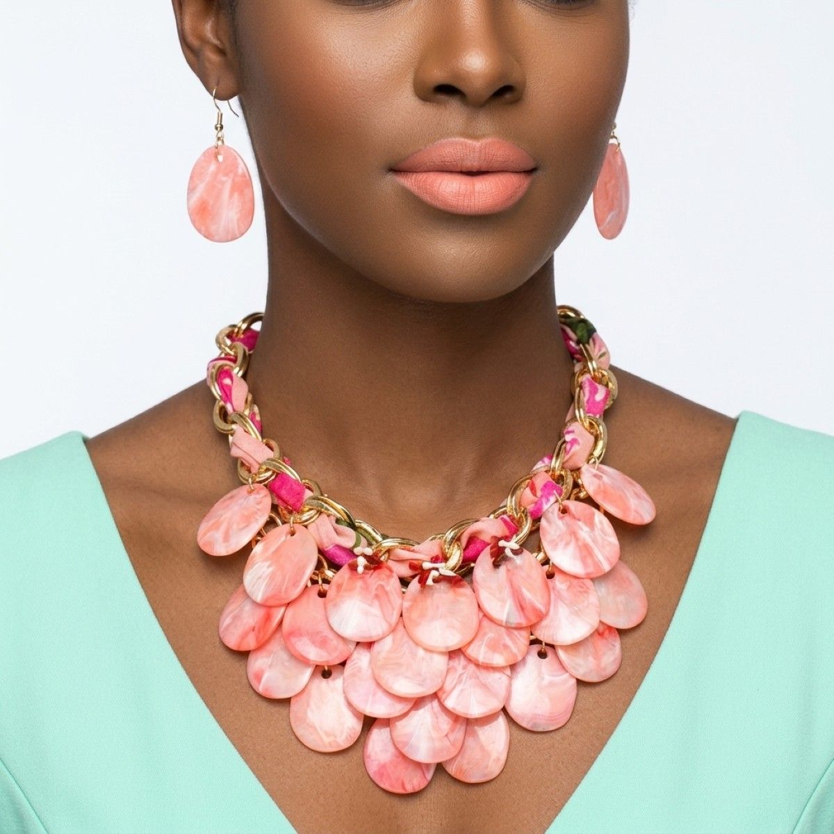 Marbled Pink Disc Bib Fabric Woven Chain Necklace