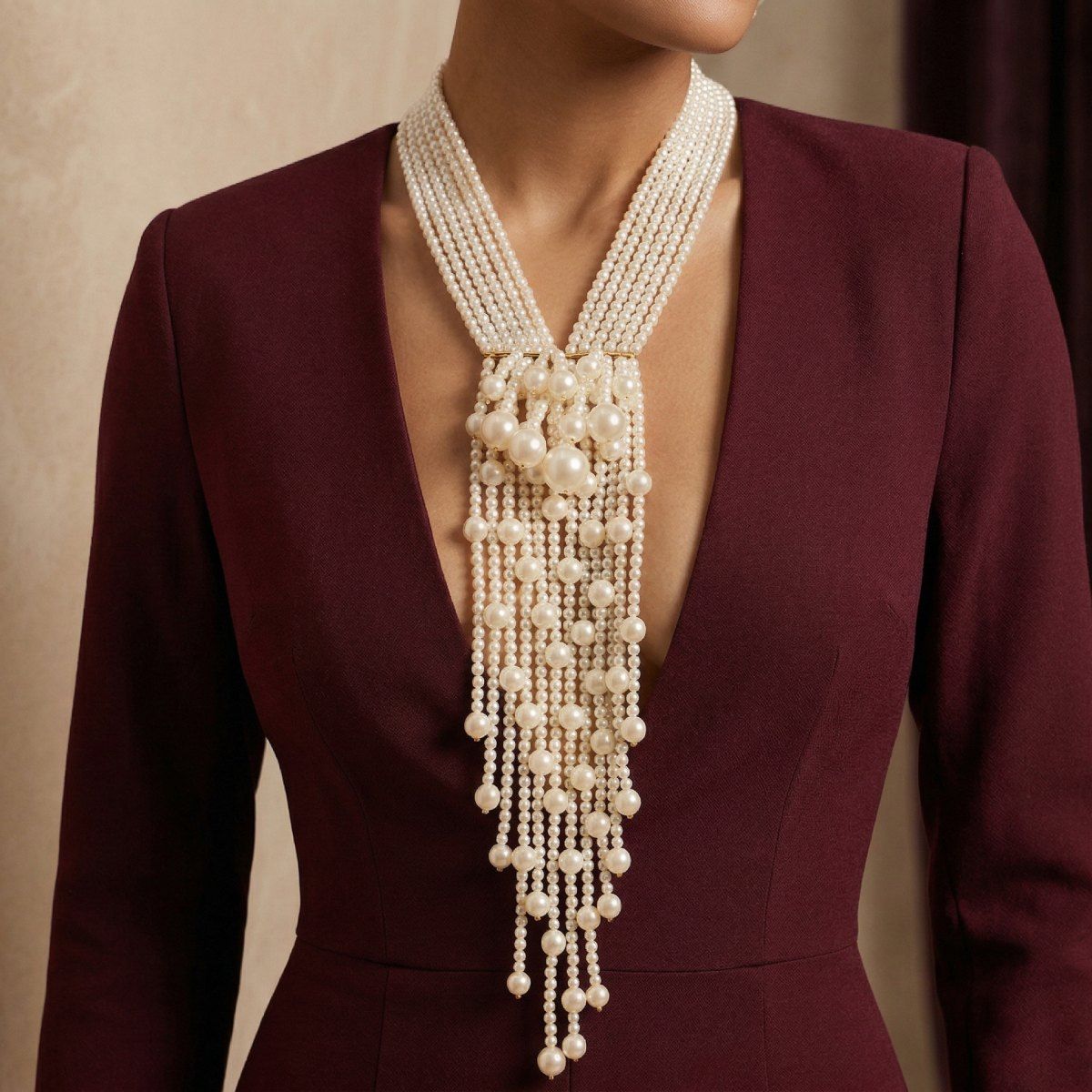 Dewdrop Cream Pearl Multi Strand Tassel Necklace