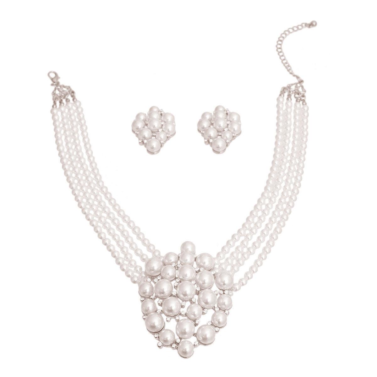 White 4 Line Cluster Pearl Necklace