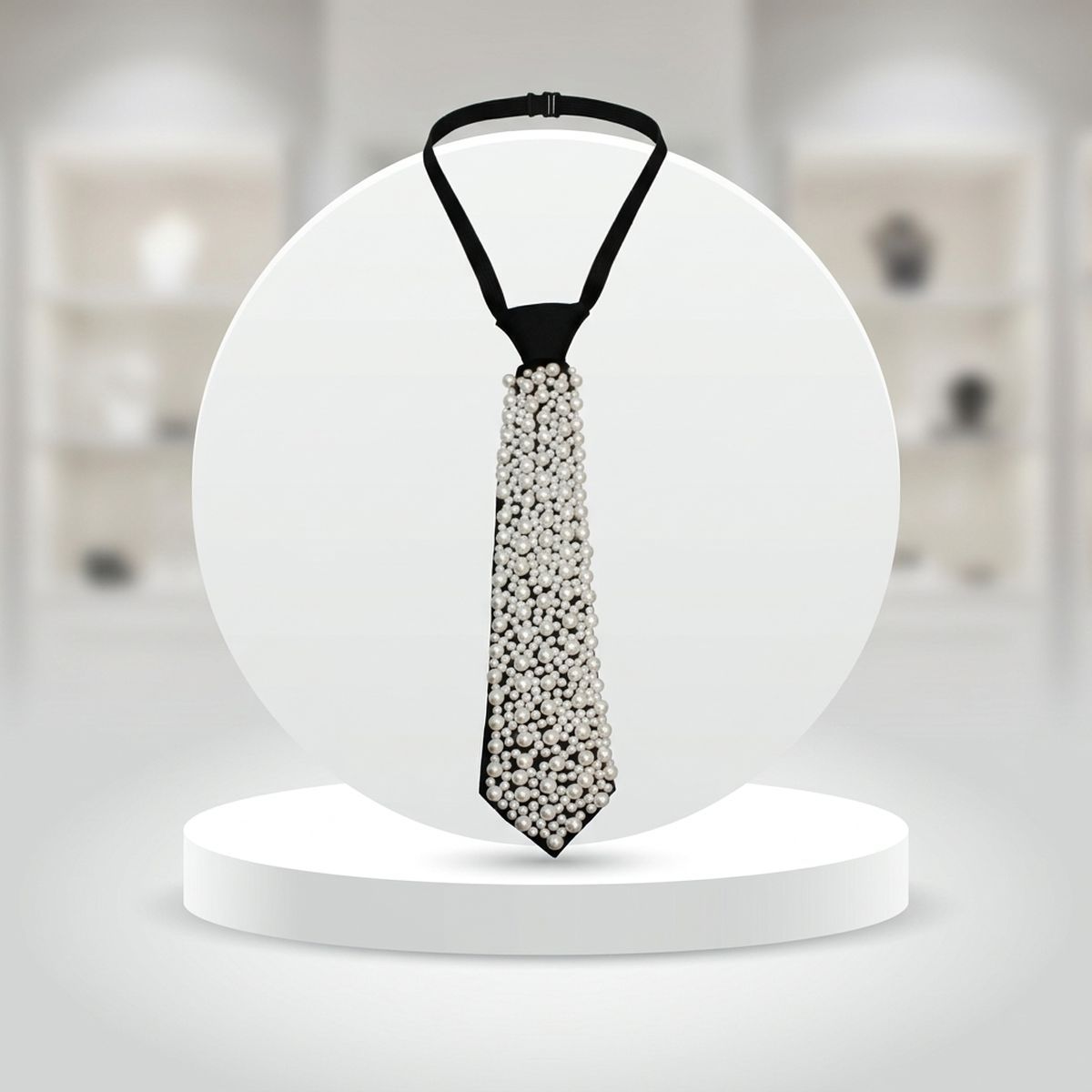 Allover White Pearl Studded Black Necktie Necklace