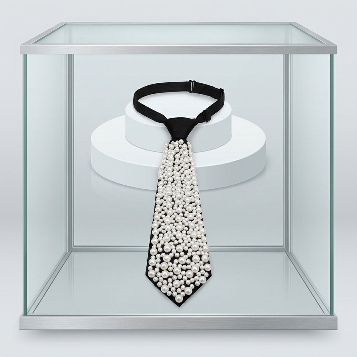Allover White Pearl Studded Black Necktie Necklace