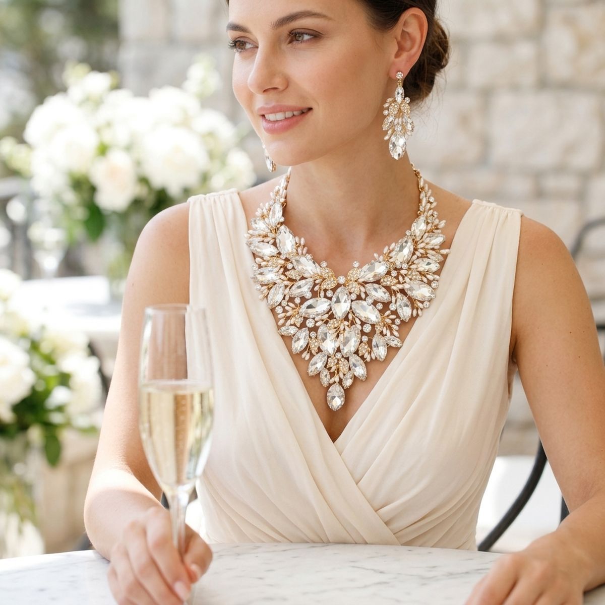 Gold Glass Crystal Floral Large Bib Necklace Set