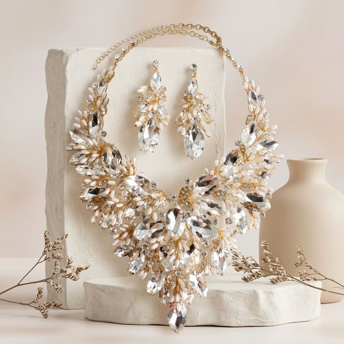Gold Glass Crystal Floral Large Bib Necklace Set