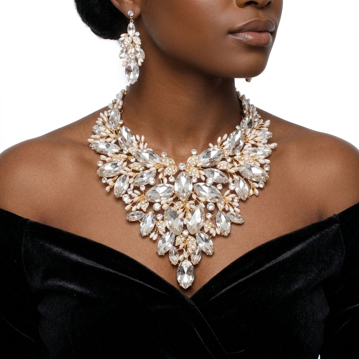 Gold Glass Crystal Floral Large Bib Necklace Set