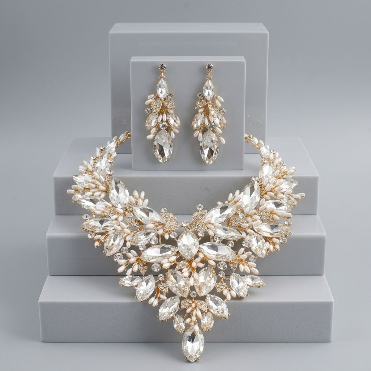 Gold Glass Crystal Floral Large Bib Necklace Set