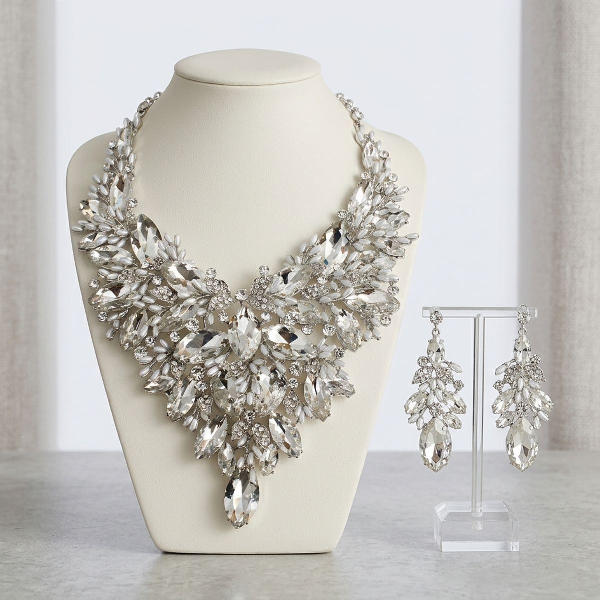 Silver Glass Crystal Floral Large Bib Necklace Set