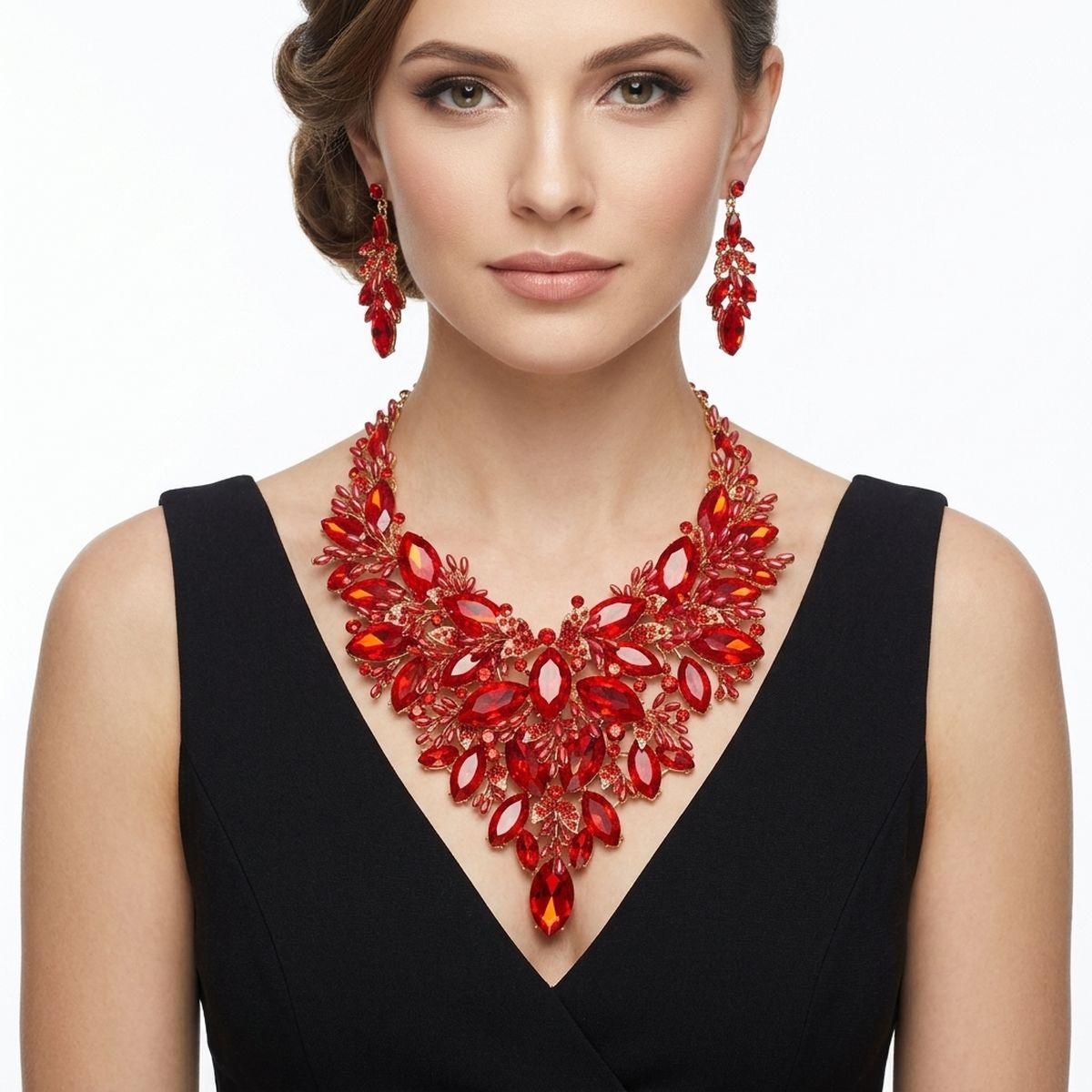 Red Glass Crystal Floral Large Bib Necklace Set