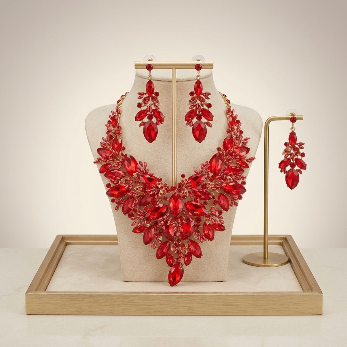 Red Glass Crystal Floral Large Bib Necklace Set