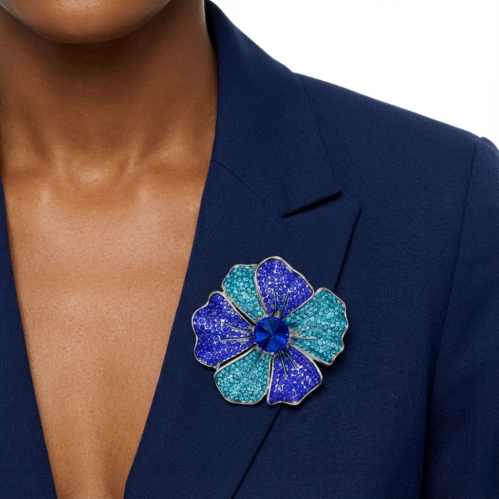 Brooch Large Royal and Aqua Blue Silver Flower Pin