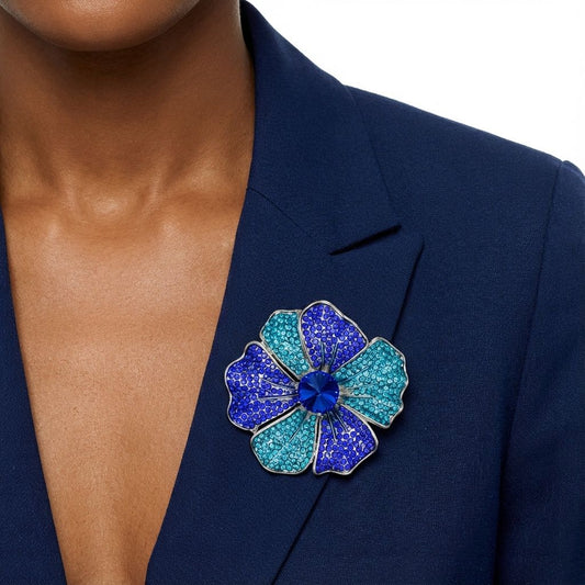 Brooch Large Royal and Aqua Blue Silver Flower Pin