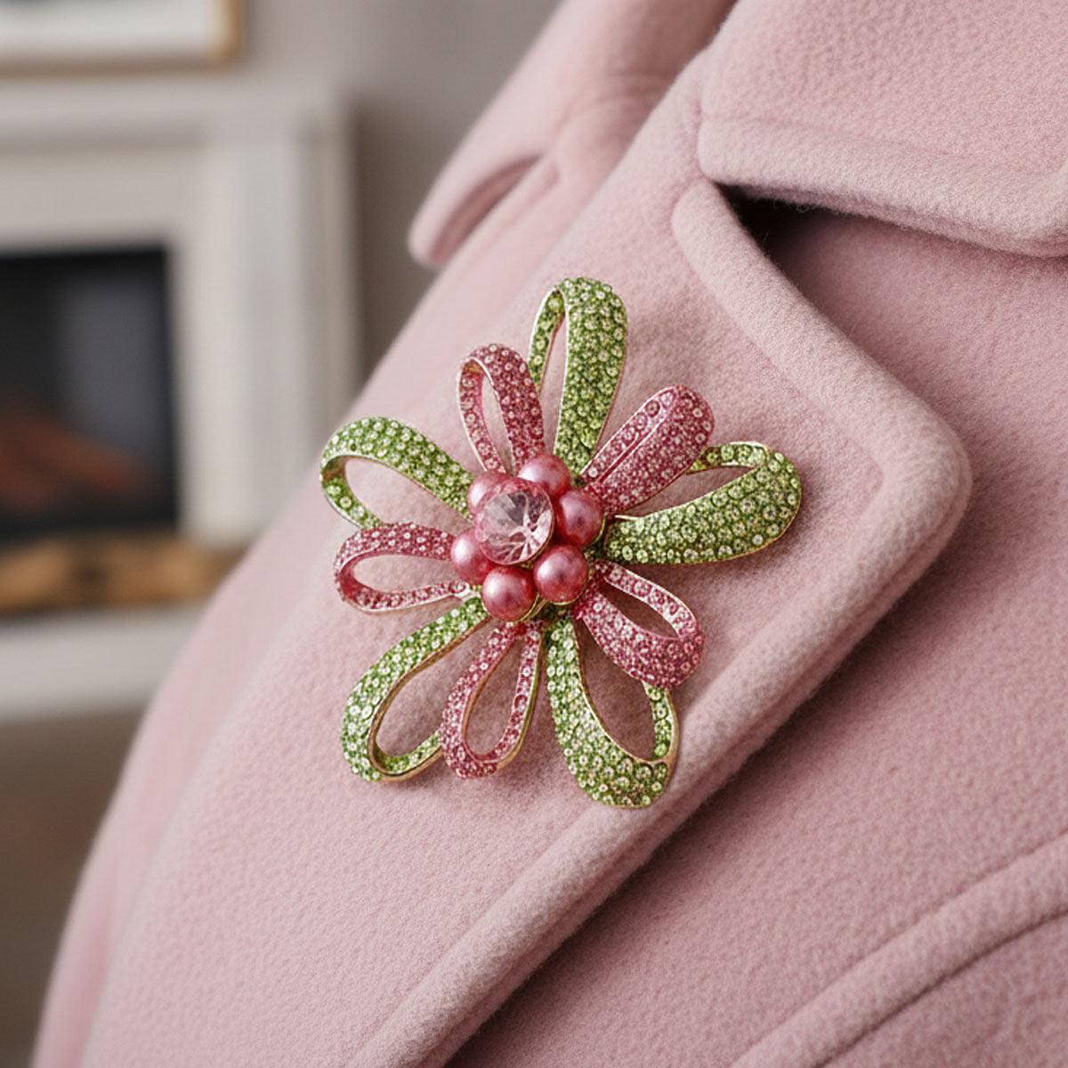 Brooch AKA Large Pink Green Stone Loop Pearl Pin