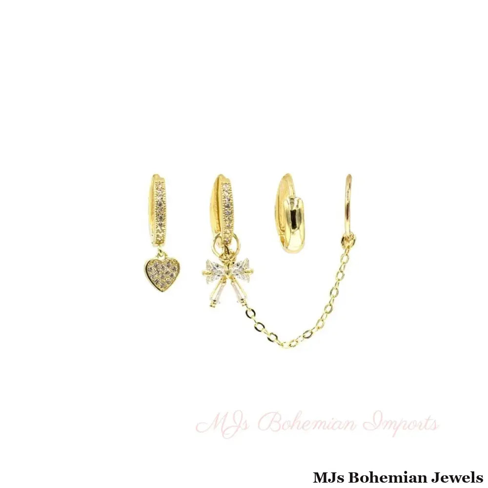 CZ Pave Huggie Hoop Bow Ear Cuff Set