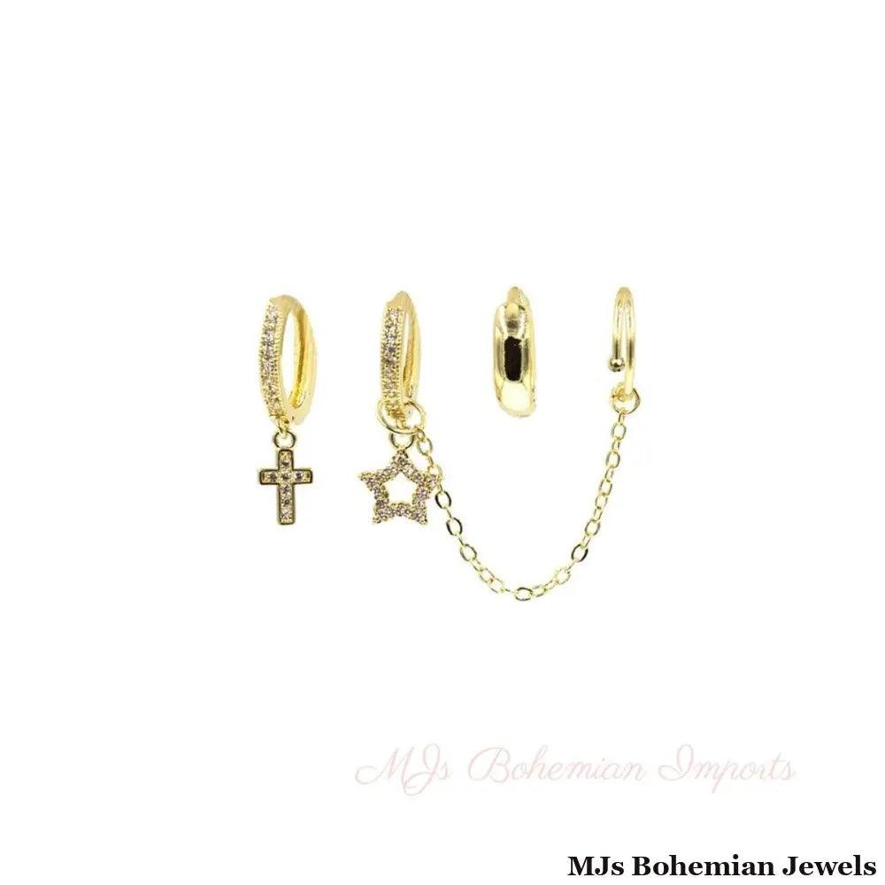 CZ Pave Huggie Hoop Cross Ear Cuff Set