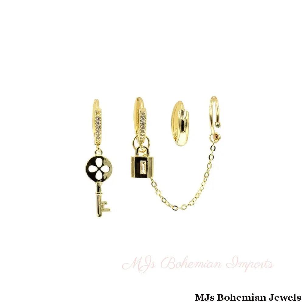 CZ Pave Huggie Hoop Key Ear Cuff Set