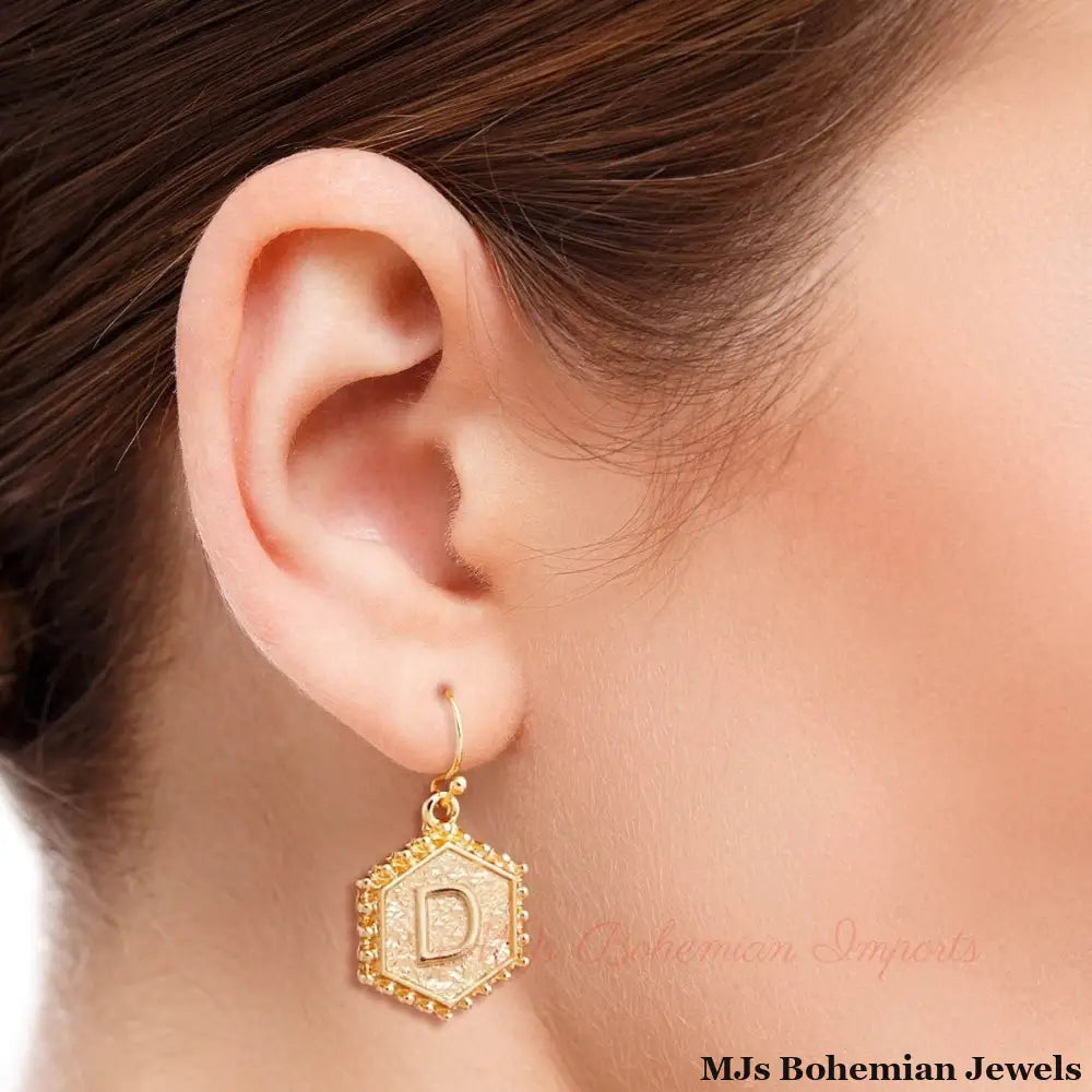D Hexagon Initial Earrings