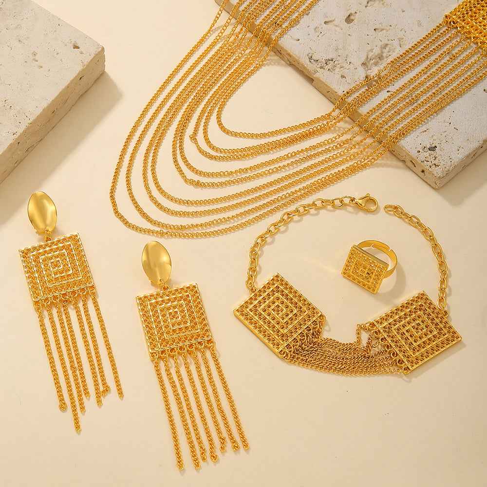 18K Gold-Plated 5-Piece Multi-Layer Tassel Jewelry Set for Weddings