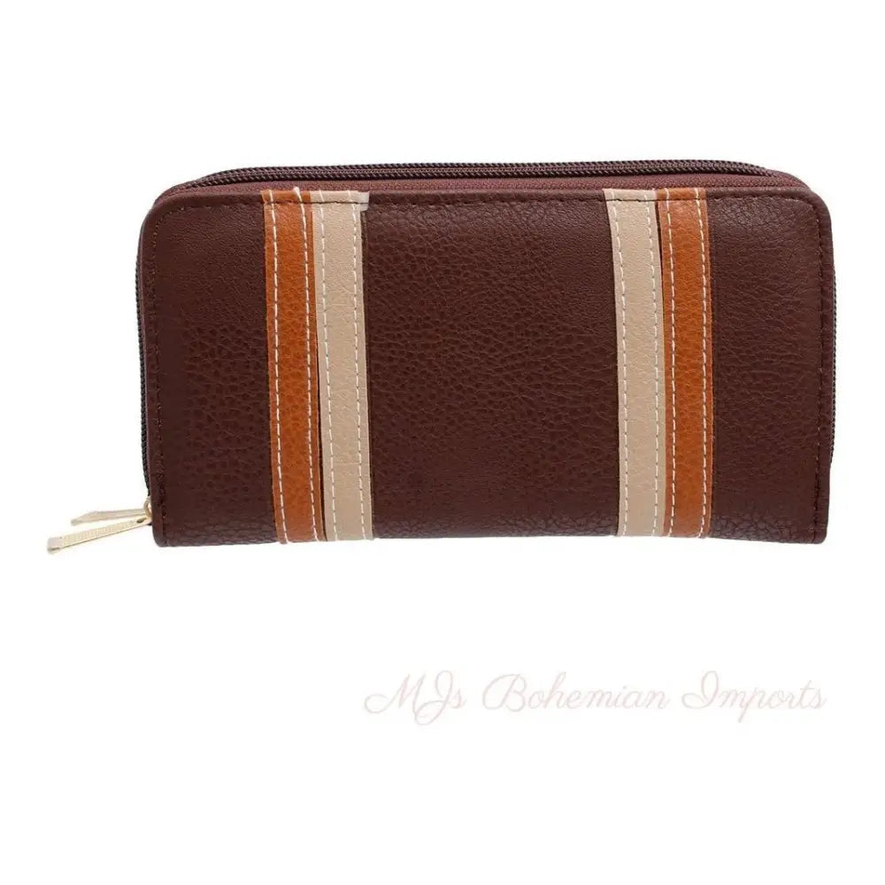 Dark Brown Striped Double Zipper Wallet