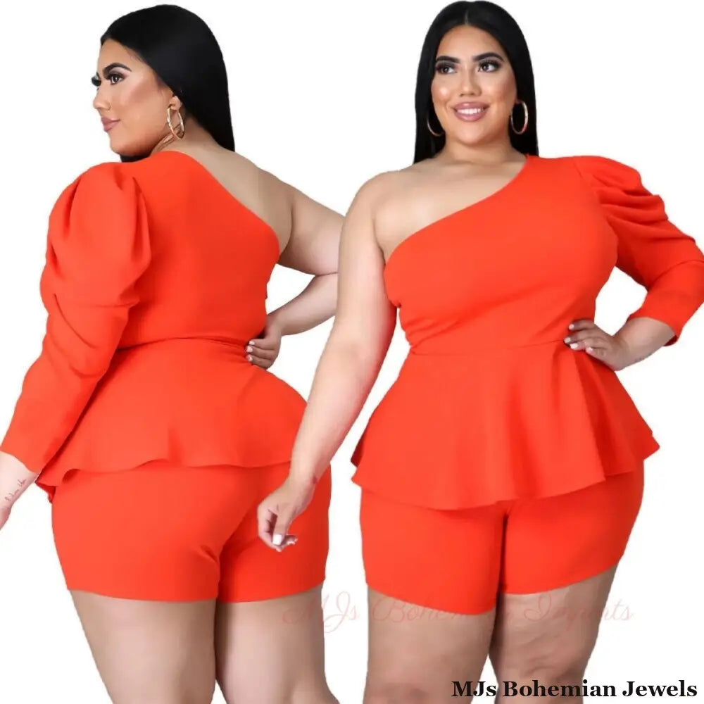 Dark Coral 4XL Peplum Top Shorts Set