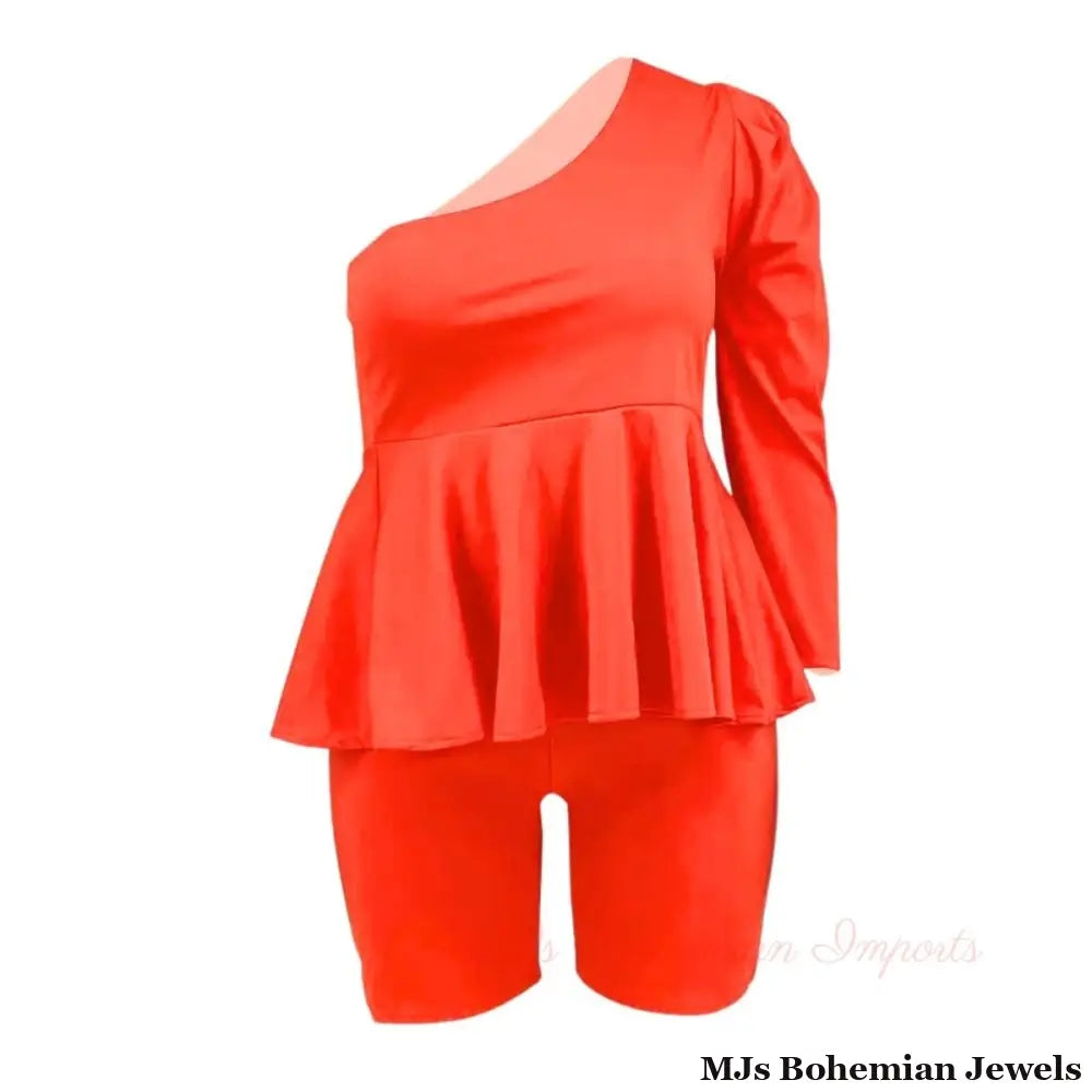 Dark Coral 4XL Peplum Top Shorts Set
