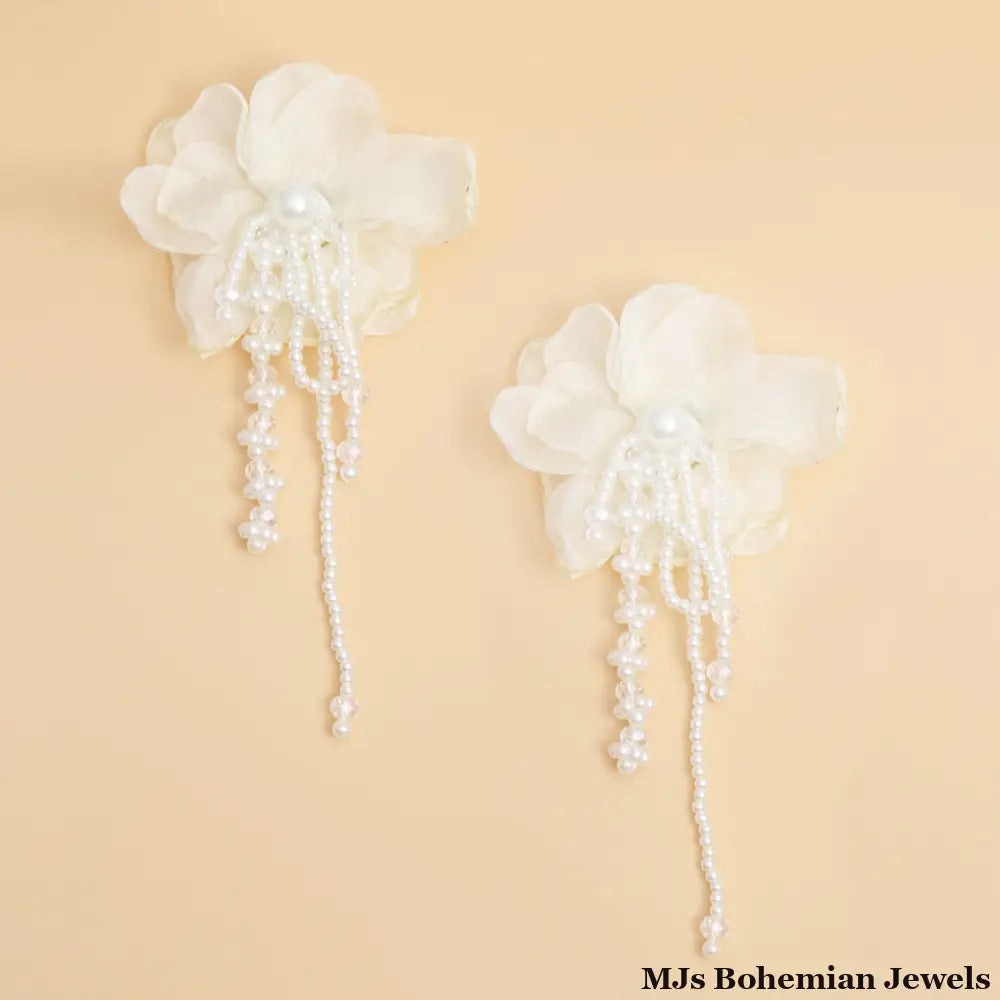Drop Cream Fabric Flower Pearl Earrings for Women