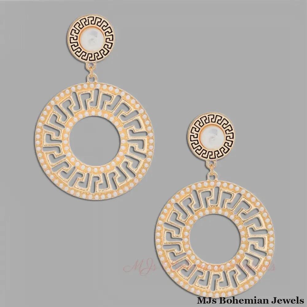 Elegance Redefined: Gold Pearl Greek Key Earrings